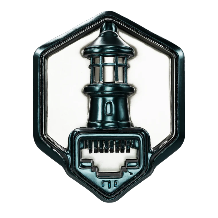 The BEACN badge in three dimensions — a lighthouse and an ethernet port set in a steel hexagon